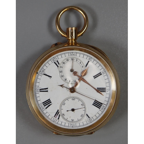 271 - 18ct gold open faced keyless lever chronograph type pocket watch with Roman enamel face, seconds and... 