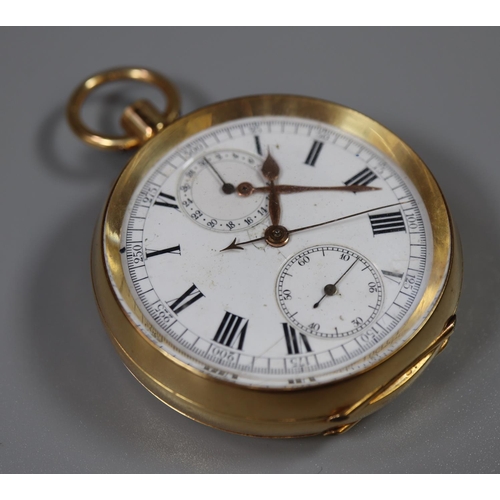 271 - 18ct gold open faced keyless lever chronograph type pocket watch with Roman enamel face, seconds and... 