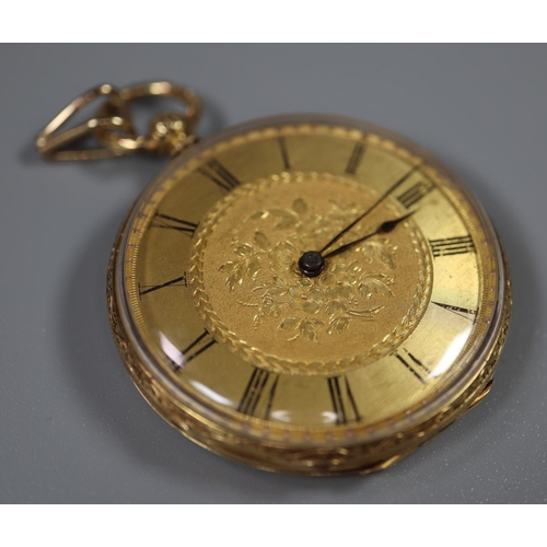 272 - 18ct gold outer case fancy engraved fob watch having engine turned Roman face with foliate field, th... 