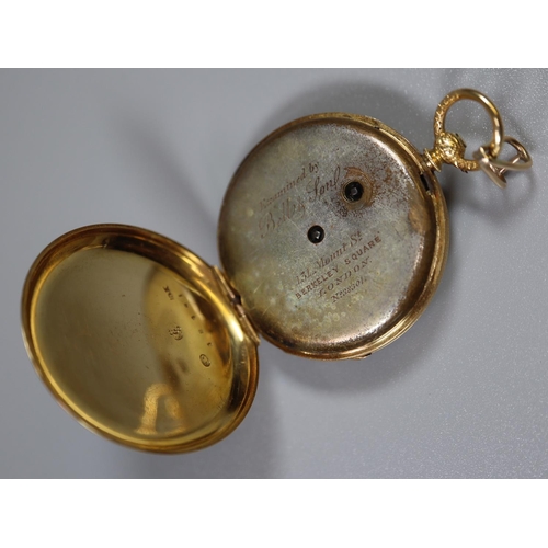 272 - 18ct gold outer case fancy engraved fob watch having engine turned Roman face with foliate field, th... 