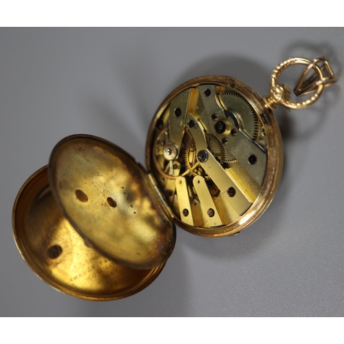 272 - 18ct gold outer case fancy engraved fob watch having engine turned Roman face with foliate field, th... 