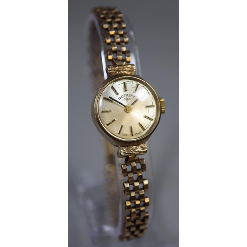 274 - Rotary 9ct gold ladies mechanical wrist watch with gold gate bracelet, having satin face with baton ... 