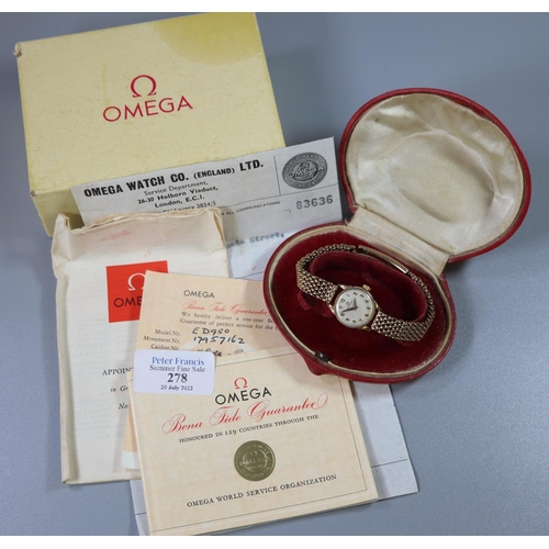 278 - Omega 9ct gold ladies mechanical wristwatch 9ct gold bracelet strap, having satin face with Arabic n... 