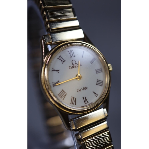 281 - Omega De Ville 1450 9ct gold plated lady's 22mm cocktail watch with white enamel face having Roman n... 