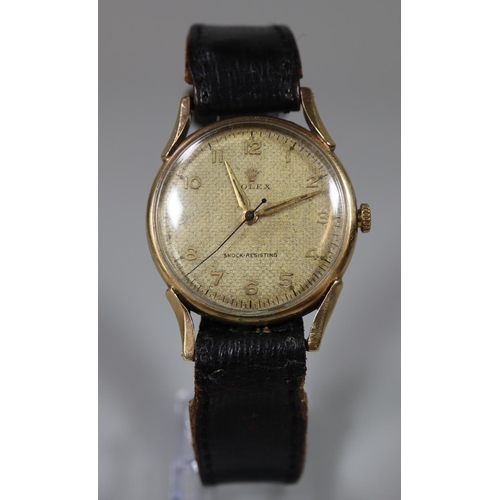 283 - Mid century Rolex 9ct gold gentleman's mechanical wristwatch, the face with Arabic numerals on a lea... 