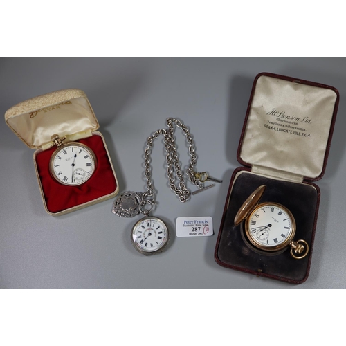 287 - A group of pocket watches, to include Waltham gold plated open faced keyless pocket watch with Roman... 