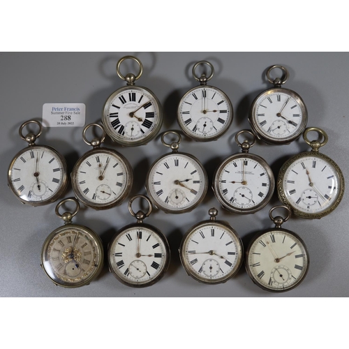 288 - A collection of assorted open faced key wind pocket watches, nine silver and three white metal, vari... 