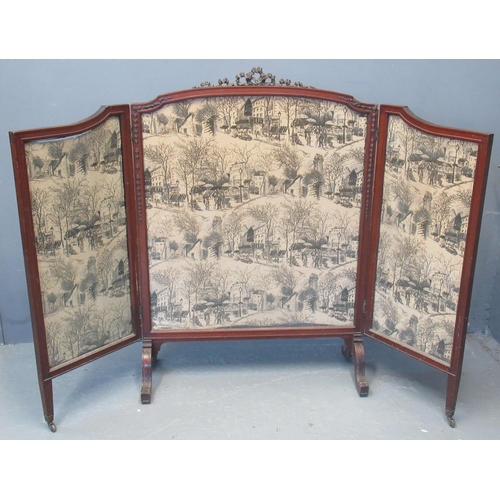 55 - Victorian mahogany framed three section folding fire screen, having ribbon mount, the fabric panels ... 