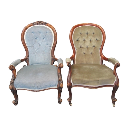 6 - Two similar Victorian walnut button back open armchairs, one raised on brass cups and ceramic caster... 