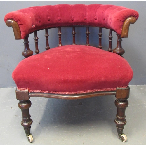 63 - Late Victorian mahogany upholstered button and spindle back tub type bedroom chair, having serpentin... 