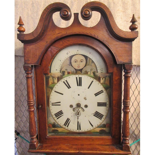 65 - 19th century Welsh oak two train eight day long case clock having broken swan neck pediment above ar... 