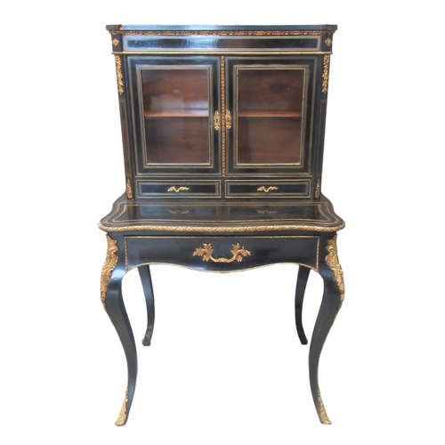 67 - Victorian French design ebonised and gilded ladies two stage bonheur du jour, the shaped cornice abo... 