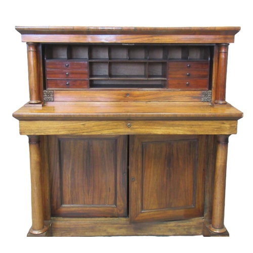 72 - Early 19th century rosewood Secretaire, the pierced gallery top above a moulded cornice flanked by t... 