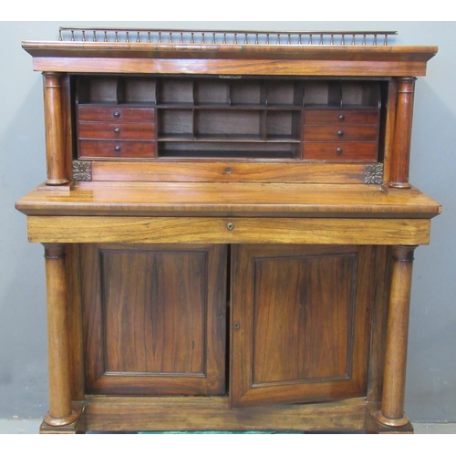 72 - Early 19th century rosewood Secretaire, the pierced gallery top above a moulded cornice flanked by t... 