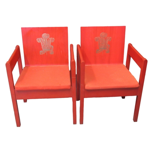 74 - Pair of 1969 Prince Charles Investiture armchairs the back gilt decorated with the Prince of Wales f... 