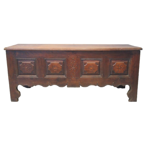 78 - 19th century continental oak coffer, the moulded top above four fielded panels with herring bone dec... 