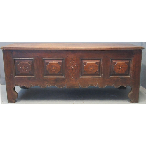 78 - 19th century continental oak coffer, the moulded top above four fielded panels with herring bone dec... 