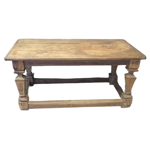 79 - 18th century Flemish design oak refectory table, having cleated three plank top above plain freeze s... 