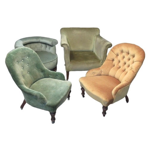 8 - Two similar Victorian upholstered button back bedroom chairs on turned mahogany legs and casters. To... 