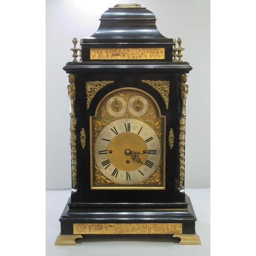 87 - Large early 19th century ebonised bracket clock by Thomas Turner of London, the case having caddy to... 