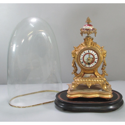 92A - 19th century French gilt metal porcelain mounted balloon shaped mantle clock, having urn shaped foli... 