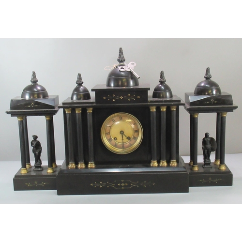 93 - Late 19th/early 20th century black slate and marble architectural clock garniture, the clock with Ro... 