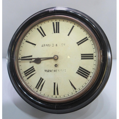 94 - 19th century single train fusee school type wall clock by Arnold and Lewis, Manchester having ebonis... 