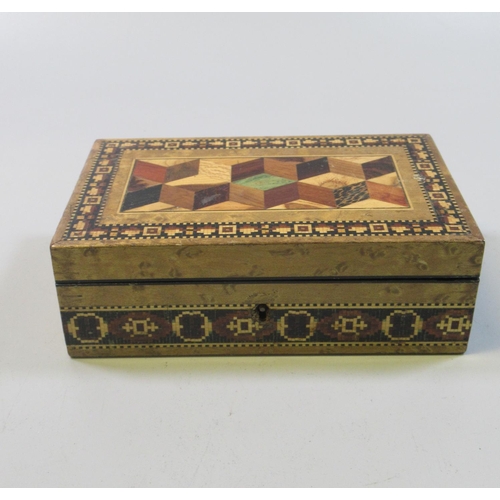 39 - 19th Century Tunbridge ware jewellery box, the central panel of Van Dyke tumbling blocks within a ma... 