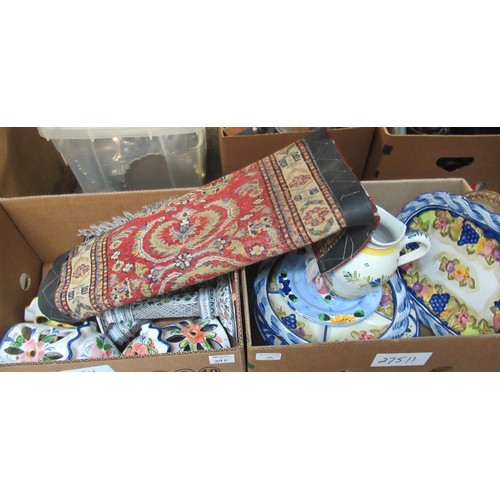 396 - Two boxes of largely continental pottery: large hand painted charges, Quimper Ware jug, Portuguese  ... 