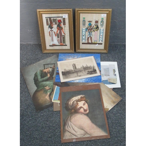 143 - A group of assorted unframed prints, together with two framed Egyptian studies.  A needlepoint portr... 