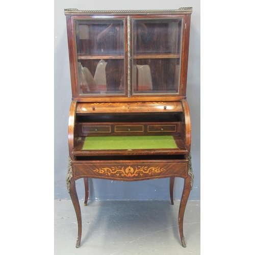 493 - 19th century Rosewood cylinder bureau cabinet, the metal gallery top above two glazed doors, the int... 