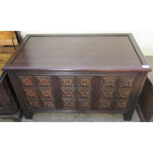 574 - Modern stained oak linen chest with panelled front.  88cm wide approx.  (B.P. 21% + VAT)