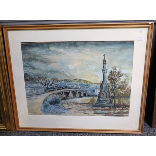 119 - M Brown, river bridge with memorial and distant village, signed, watercolours. 52x72cm approx. Frame... 