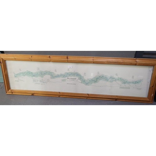 133 - After Michael H Davies, map of The Rio Grande River, Tierra del Fuego.  29x150cm approx.  Framed.  (... 