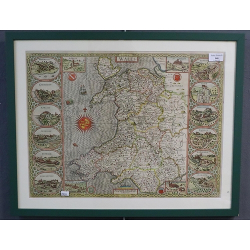 140 - John Speede, original hand coloured Map of Wales with town vignettes, Chiswell & Bassett edition.  B... 