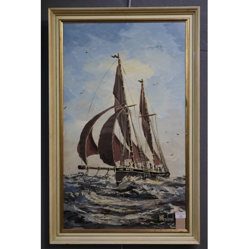 142 - W H Stockman, study of a fishing boat under full sail, signed, oils on board.  76x45cm approx.  Fram... 