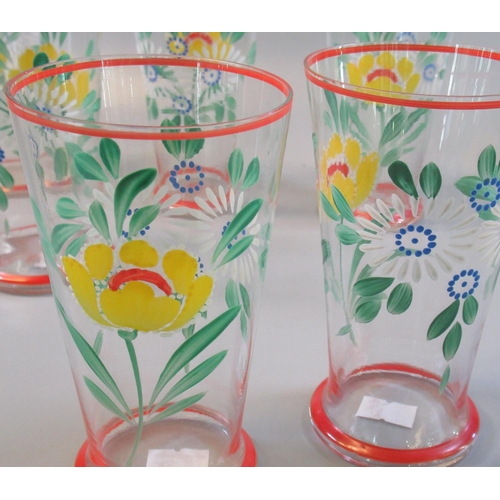 16 - Set of six glass hand-painted floral and foliate lemonade glasses or tumblers.  (B.P. 21% + VAT)