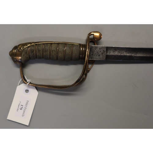 179 - British 1845 pattern Officer's sword with fullered slightly curved steel single edged blade, brass h... 