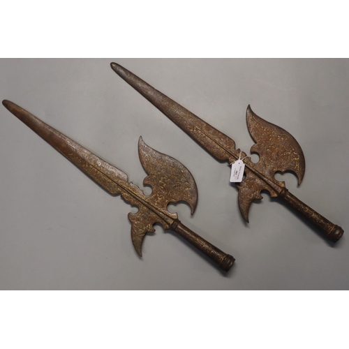 182 - Pair of Medieval style engraved steel Halberd heads, probably 19th century (2)  (B.P. 21% + VAT)