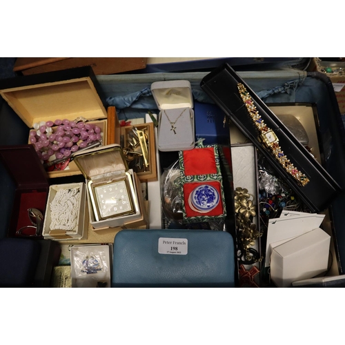 198 - Suitcase of assorted costume jewellery, to include: necklaces, watches, brooches, silver plated ciga... 