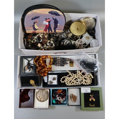 203 - Box of oddments to include: vintage compacts, costume jewellery, hat pins, amber coloured necklace e... 