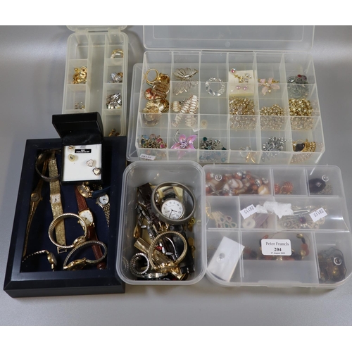 204 - Box of assorted costume jewellery: watches, brooches, dress rings, chains, fobs etc.   (B.P. 21% + V... 