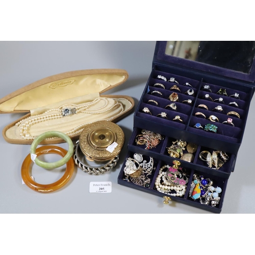 205 - Jewellery box comprising assorted dress rings together with a compact, bangles, earrings etc.   (B.P... 