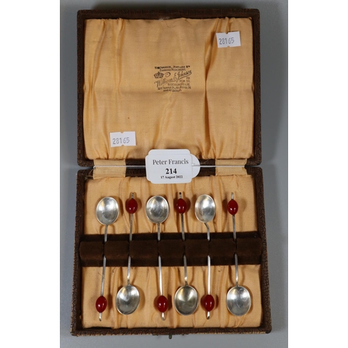 214 - A cased set of silver coffee bean spoons, the case marked 'William E Johnson, Birmingham'.  Birmingh... 