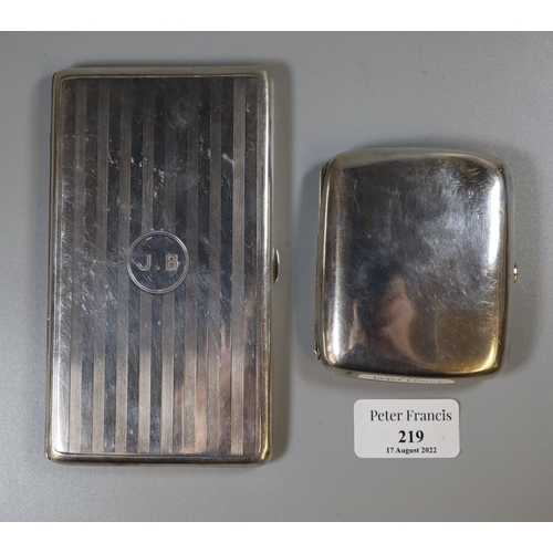 219 - Engine turned silver cigarette case with Birmingham hallmarks, together with another small plain sil... 