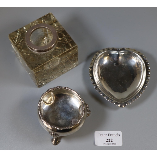 222 - Hobnail cut glass inkwell with silver collar, a silver heart shaped pin dish with Birmingham hallmar... 