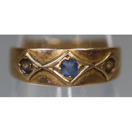 230 - Small 19th century gold Celtic design dress ring set with 3 coloured stones.  1.7g approx. size G 
(... 