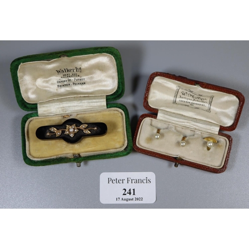 241 - Victorian onyx and seed pearl set foliate bar brooch in velvet covered box together with a set of th... 