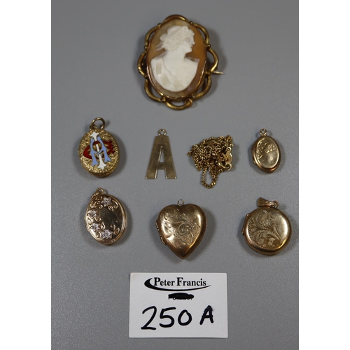 250A - Collection of gold and other enamelled pendants together with a cameo brooch.  (7)  (B.P. 21% + VAT)