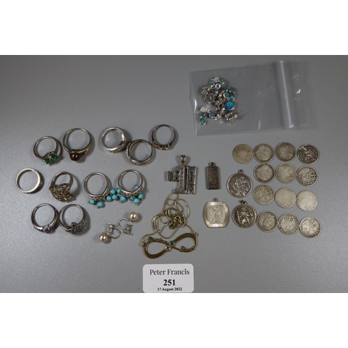 251 - Collection of silver and other costume jewellery, silver threepenny pieces etc.  (B.P. 21% + VAT)